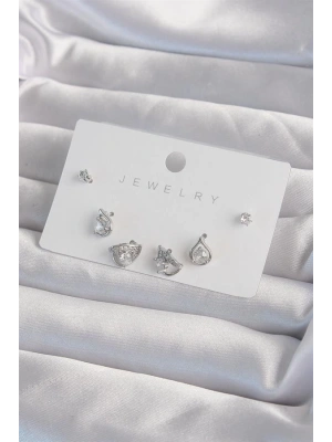 Pirinç Gümüş Renk Zirkon Taşlı Damla Model Küpe Seti