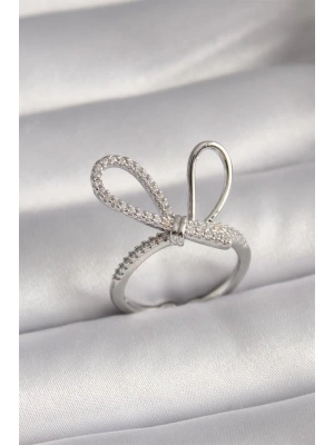 Pirinç Gümüş Renk Zirkon Taşlı Düğüm Model Kadın Yüzük