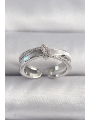 Pirinç Gümüş Renk Zirkon Taşlı Düğüm Model VIP Seri Kadın Yüzük