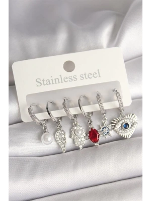 Pirinç Gümüş Renk Zirkon Taşlı Fatma Ana El Figür Kadın Küpe Seti