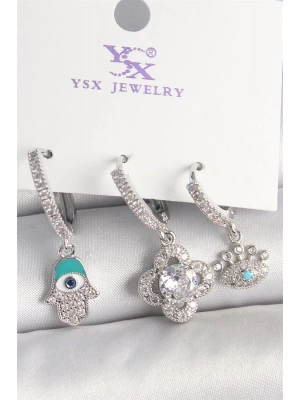 Pirinç Gümüş Renk Zirkon Taşlı Fatma Ana Yonca Figür Göz Detay 3Lü Kadın Kombin Küpe