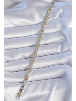 Pirinç Gümüş Renk Zirkon Taşlı Gold Yonca Model VİP Seri Kadın Bileklik