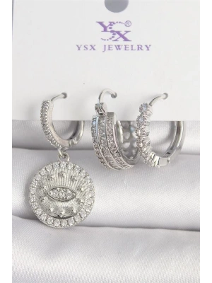 Pirinç Gümüş Renk Zirkon Taşlı Göz İşlemeli Halka Model 3Lü Kadın Kombin Küpe