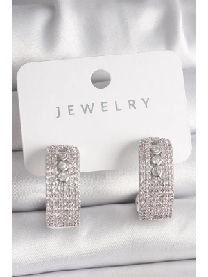 Pirinç Gümüş Renk Zirkon Taşlı Halka Messika Model Kadın Küpe