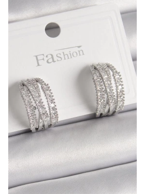 Pirinç Gümüş Renk Zirkon Taşlı Halka Model Kadın Küpe