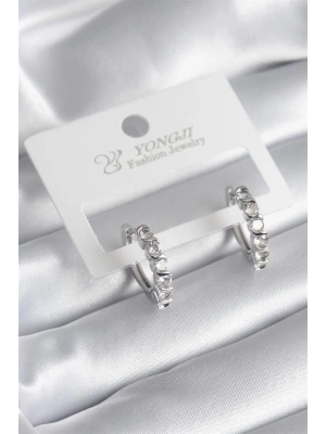 Pirinç Gümüş Renk Zirkon Taşlı Halka Model Kadın Küpe