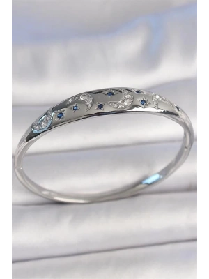 Pirinç Gümüş Renk Zirkon Taşlı Hilal İşlemeli Mavi Taşlı Yıldız Detay Kadın Kelepçe