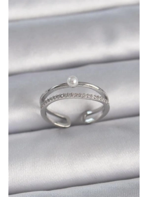 Pirinç Gümüş Renk Zirkon Taşlı İnci Detay Ayarlanabilir Model Kadın Yüzük