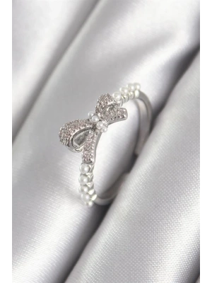 Pirinç Gümüş Renk Zirkon Taşlı İnci Detay Kadın Yüzük