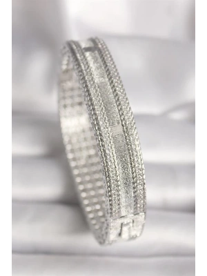 Pirinç Gümüş Renk Zirkon Taşlı Kadın Kelepçe