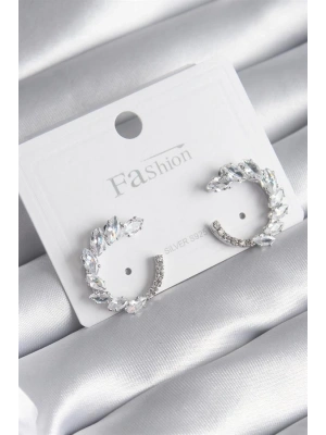 Pirinç Gümüş Renk Zirkon Taşlı Kadın Küpe