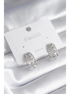 Pirinç Gümüş Renk Zirkon Taşlı Kadın Küpe