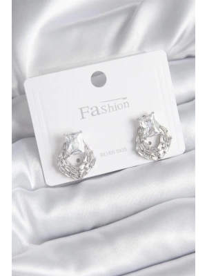 Pirinç Gümüş Renk Zirkon Taşlı Kadın Küpe