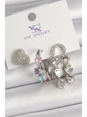 Pirinç Gümüş Renk Zirkon Taşlı Kalp Figür Renkli Taş Detay 3Lü Kadın Kombin Küpe
