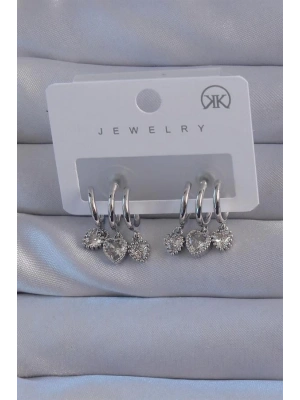 Pirinç Gümüş Renk Zirkon Taşlı Kalp Model Çoklu Görünüm Yarım Halka Küpe