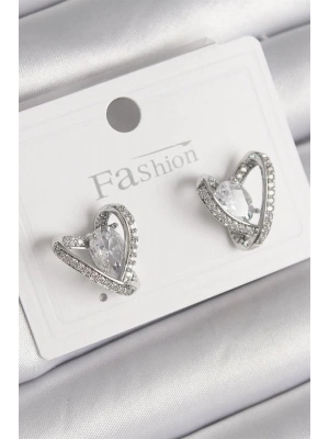 Pirinç Gümüş Renk Zirkon Taşlı Kalp Model Kadın Küpe