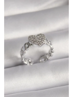 Pirinç Gümüş Renk Zirkon Taşlı Kalp Model Kadın Yüzük