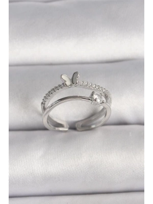 Pirinç Gümüş Renk Zirkon Taşlı Kelebek Figürlü Ayarlanabilir Yüzük