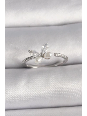 Pirinç Gümüş Renk Zirkon Taşlı Kelebek Model İnci Detaylı Ayarlanabilir Yüzük