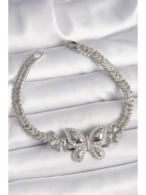 Pirinç Gümüş Renk Zirkon Taşlı Kelebek Model Kadın Bileklik
