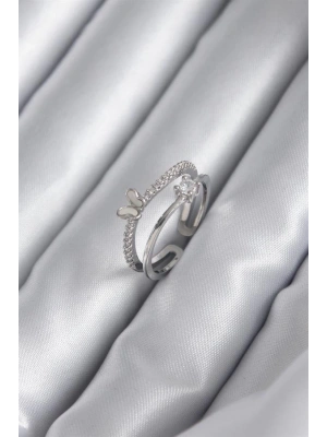 Pirinç Gümüş Renk Zirkon Taşlı Kelebek Model Kadın Yüzük