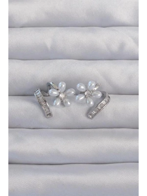 Pirinç Gümüş Renk Zirkon Taşlı Kıvrımlı İnci Çiçek Küpe