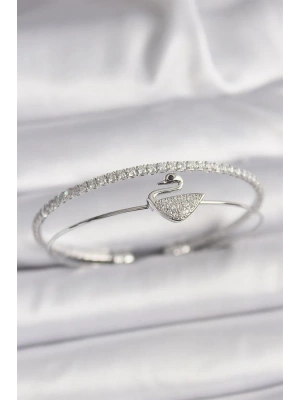 Pirinç Gümüş Renk Zirkon Taşlı Kuğu Model Kadın Bileklik