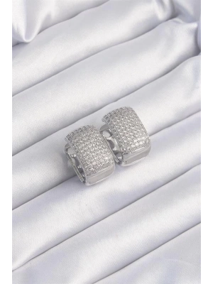 Pirinç Gümüş Renk Zirkon Taşlı Minimal Halka Küpe
