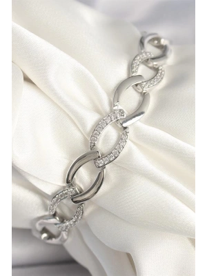 Pirinç Gümüş Renk Zirkon Taşlı Oval Zincir Model Kadın Bileklik