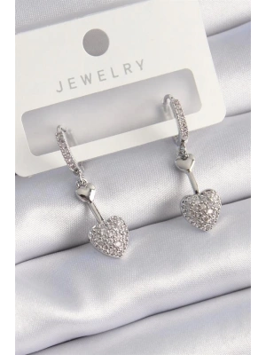 Pirinç Gümüş Renk Zirkon Taşlı Sallantı Kalp Model Kadın Küpe