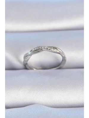 Pirinç Gümüş Renk Zirkon Taşlı Sarmal Model Kadın Yüzük