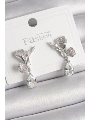 Pirinç Gümüş Renk Zirkon Taşlı Turna Kuşu Model Sallantı Detay Kadın Küpe