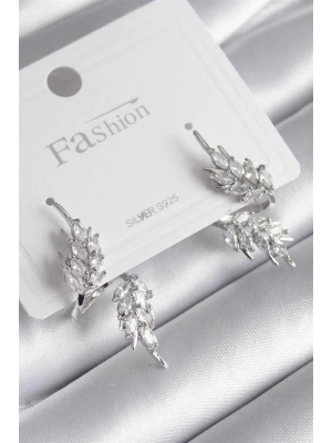 Pirinç Gümüş Renk Zirkon Taşlı Yaprak Model Kadın Küpe