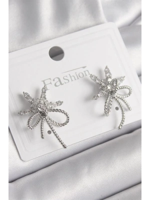 Pirinç Gümüş Renk Zirkon Taşlı Yıldız Düğüm Model Kadın Küpe