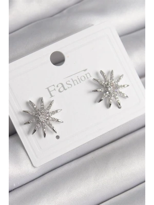 Pirinç Gümüş Renk Zirkon Taşlı Yıldız Model Kadın Küpe