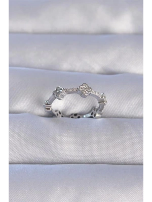 Pirinç Gümüş Renk Zirkon Taşlı Yonca Model Ayarlanabilir Yüzük