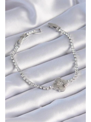 Pirinç Gümüş Renk Zirkon Taşlı Yonca Model Kadın Bileklik