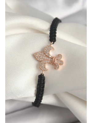 Pirinç Rose Renk Zirkon Taşlı Zambak Model Asansörlü Makrome Model Kadın Bileklik