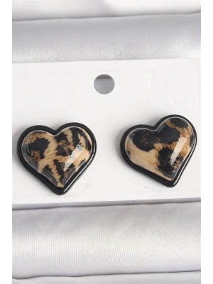 Pirinç Siyah Renk Leopar Desen 3D Kalp Model Kadın Küpe