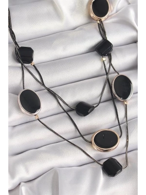 Pirinç Siyah Renk Zincir Kristal Taşlı Kadın Kolye