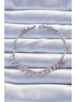 Pirinç Vip Seri Gümüş Renk Pembe Zirkon Taşlı Bileklik