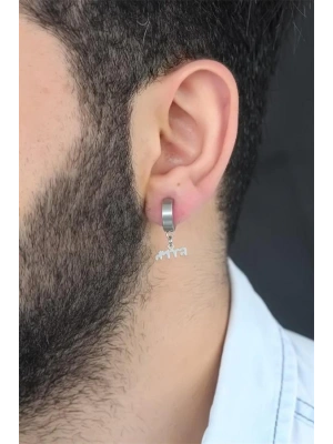 Silver Renk Kaplama Göktürkçe Yazı Figürlü Çelik Kıstırmalı Erkek Küpe