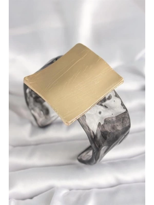 Siyah Mermer Desen Akrilik Plastik Gold Kare Plaka Model Vintage Kadın Bilezik
