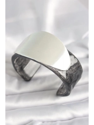 Siyah Mermer Desen Akrilik Plastik Gümüş Oval Plaka Model Vintage Kadın Bilezik