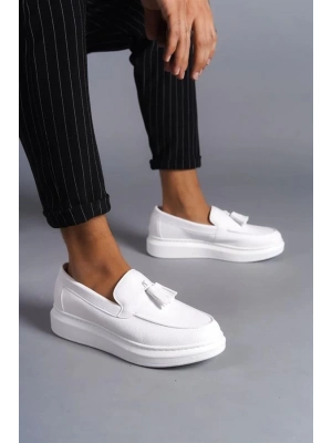 SLW154 Blaze Bağcıksız Püsküllü Cilt Erkek Günlük Spor Klasik Ayakkabı BT - Beyaz