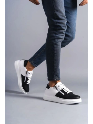 SLW155 Warrior Bağcıklı ve Fermuarlı Cilt Erkek Günlük Sneaker Ayakkabı BT - Beyaz/Siyah