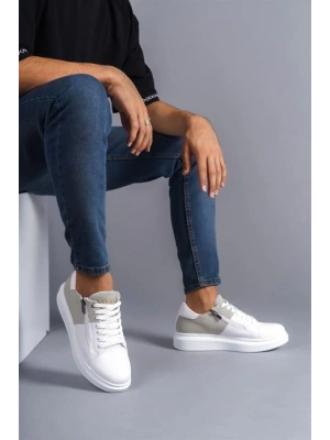 SLW155 Warrior Bağcıklı ve Fermuarlı Cilt Süet Erkek Günlük Sneaker Ayakkabı BT - Beyaz/Gri