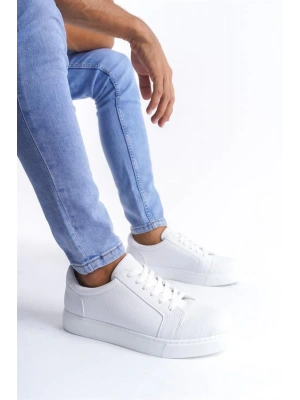 SLW165 Elite Bağcıklı Cilt Erkek Günlük Sneaker Ayakkabı BT - Beyaz