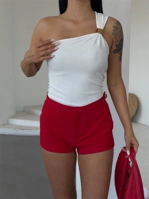 Tek omuzlu Otoman kumaş gold metal detaylı bluz s2311