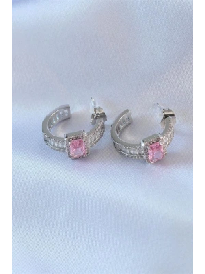 VIP Seri Gümüş Renk Yarım Halka Model Zirkon Taşlı Pirinç Kadın Küpe